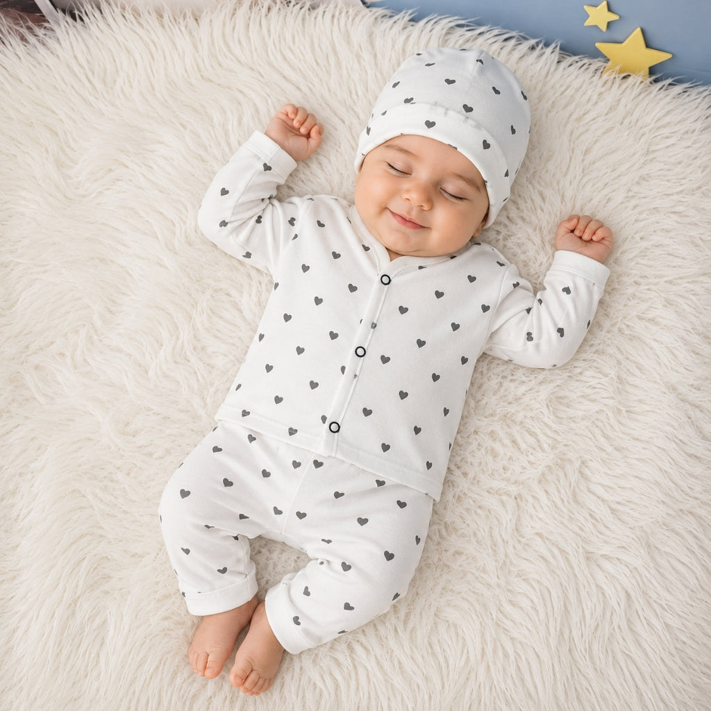 Newborn 3-Piece Cotton Outfit - White Hearts