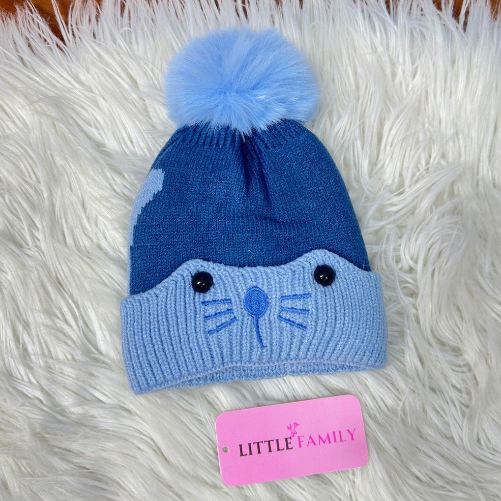 Baby Woolen Winter Cap - Cat (Blue)
