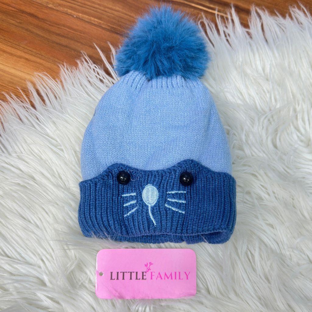 Baby Woolen Winter Cap - Cat (Dark Blue)