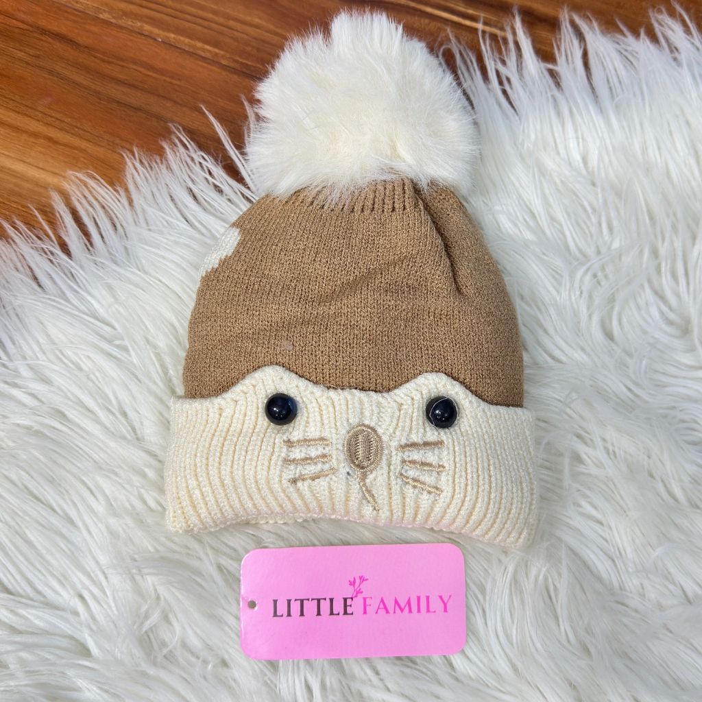Baby Woolen Winter Cap - Cat (Cream)