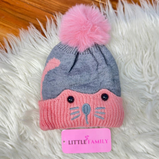 Baby Woolen Winter Cap - Cat (Pink)