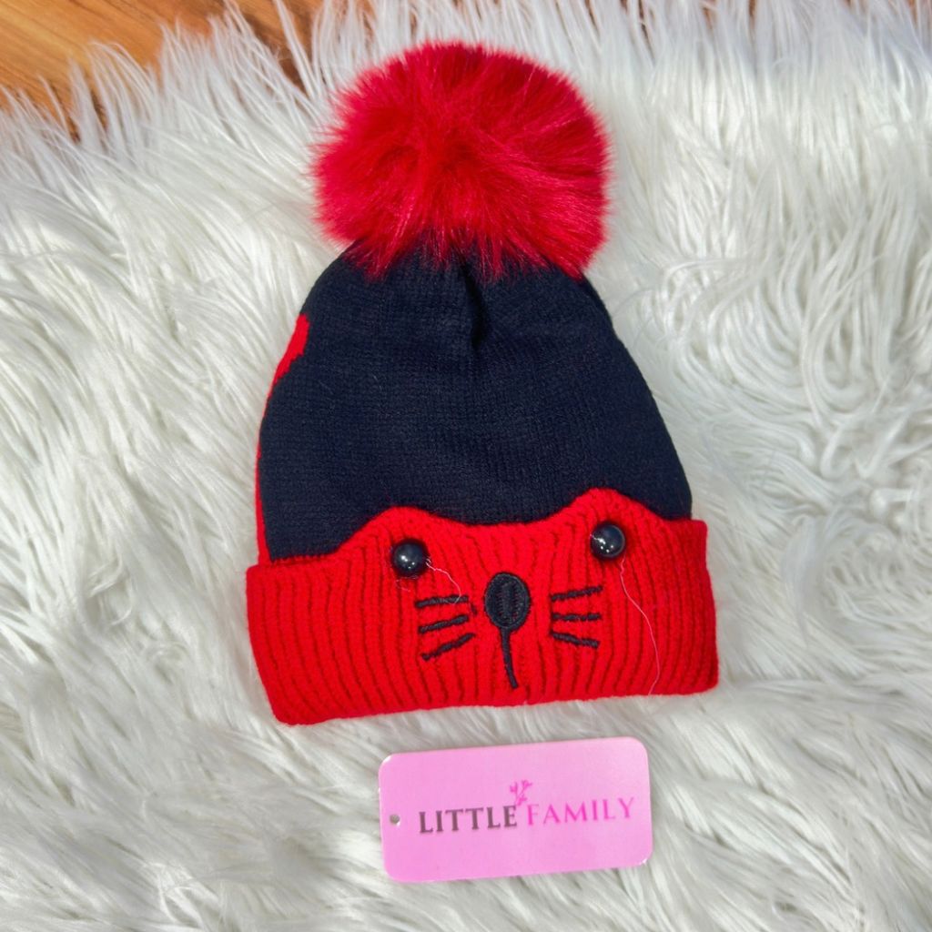 Baby Woolen Winter Cap - Cat (Red)