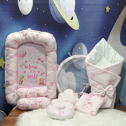 "Welcome to the World" Theme Baby Bedding Set -  9 Pieces | Pink