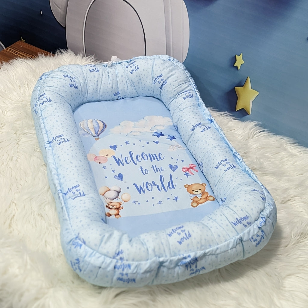 "Welcome to the World" Theme Baby Bedding Set -  9 Pieces | Sky Blue