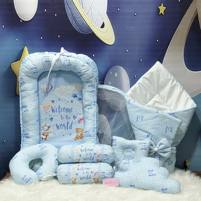"Welcome to the World" Theme Baby Bedding Set -  9 Pieces | Sky Blue