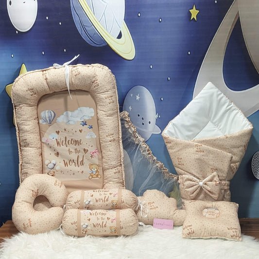 "Welcome to the World" Theme Baby Bedding Set -  9 Pieces | Brown