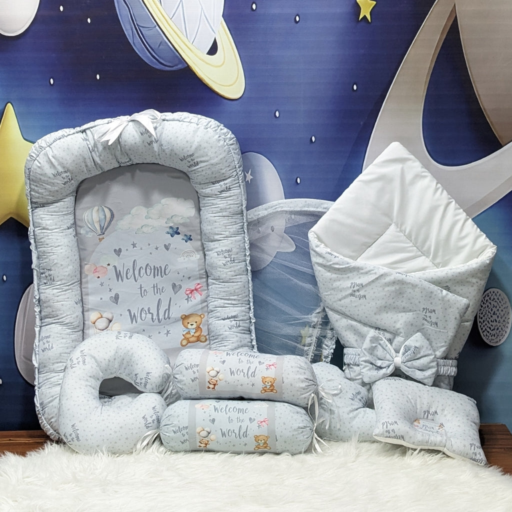 "Welcome to the World" Theme Baby Bedding Set -  9 Pieces | Grey