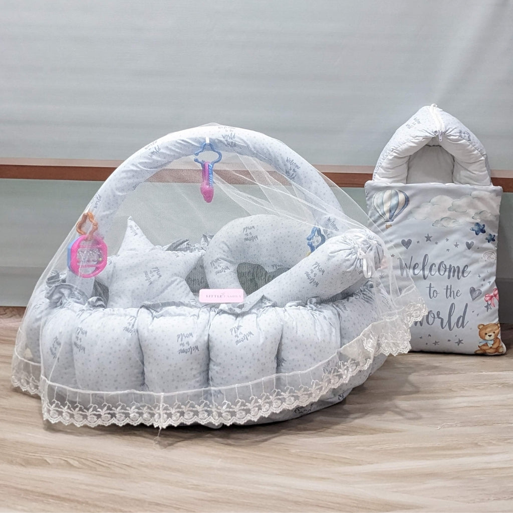 Premium 11-Piece Baby Bedding Set | "Welcome to the World" - (Soft Grey)