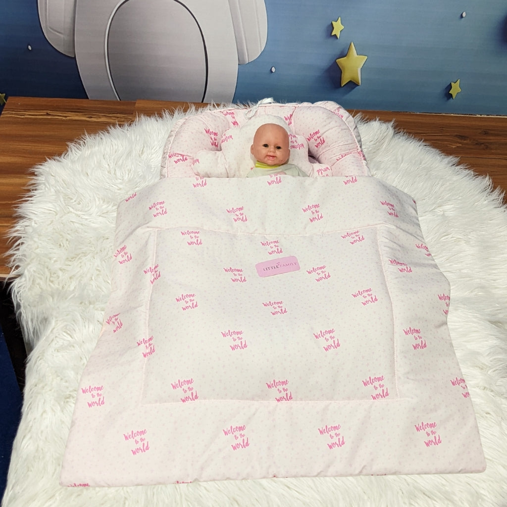 "Welcome to the World" Theme Baby Bedding Set -  9 Pieces | Pink
